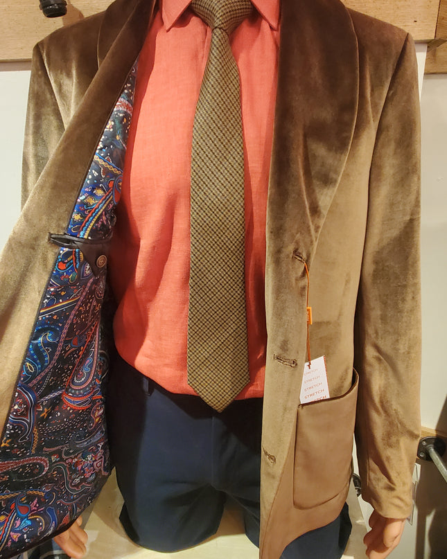 Brown velvet smoking jacket; evening jacket; sports jacket. Paisley lining. Mackinac Island boutique