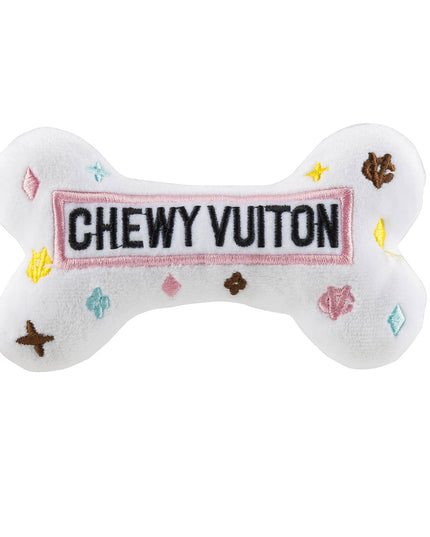 White Chewy Vuiton Bones Squeaker Dog Toy: XL