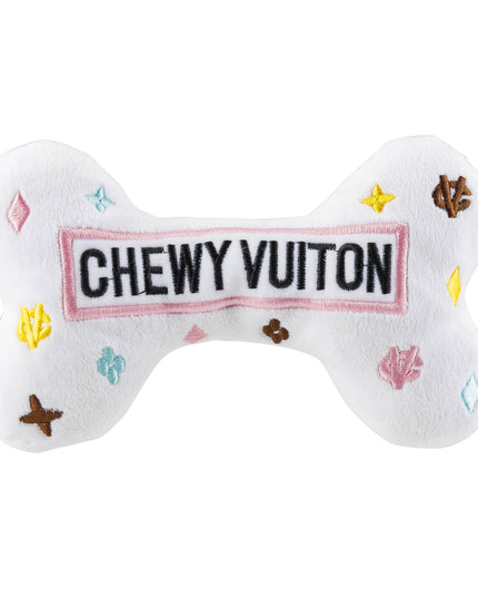 White Chewy Vuiton Bones Squeaker Dog Toy: XL