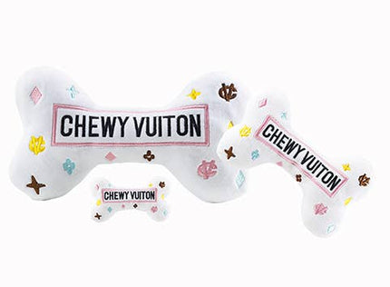 White Chewy Vuiton Bones Squeaker Dog Toy: XL