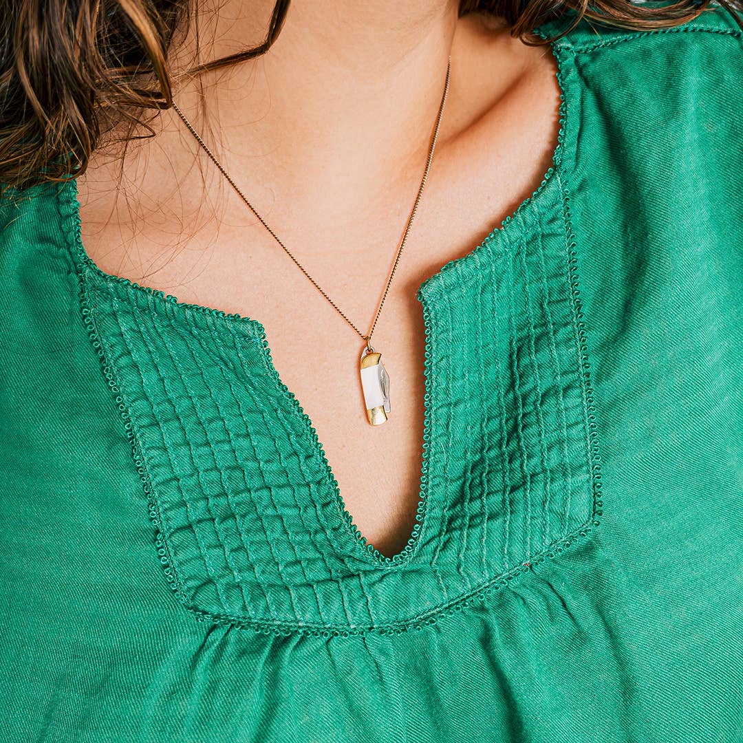 Tiny Pearl Handle Knife on Brass Chain Necklace: 20 Inch