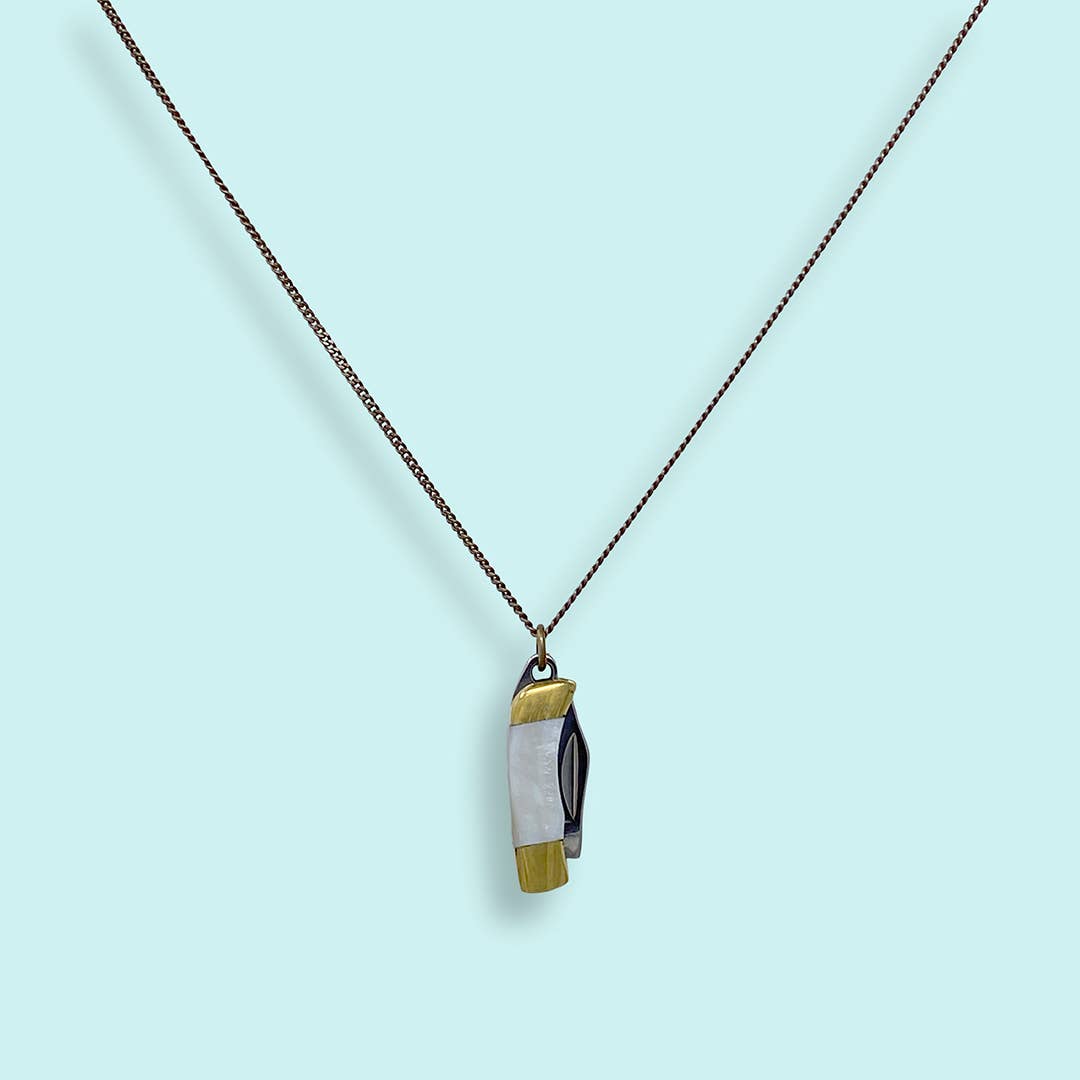 Tiny Pearl Handle Knife on Brass Chain Necklace: 20 Inch