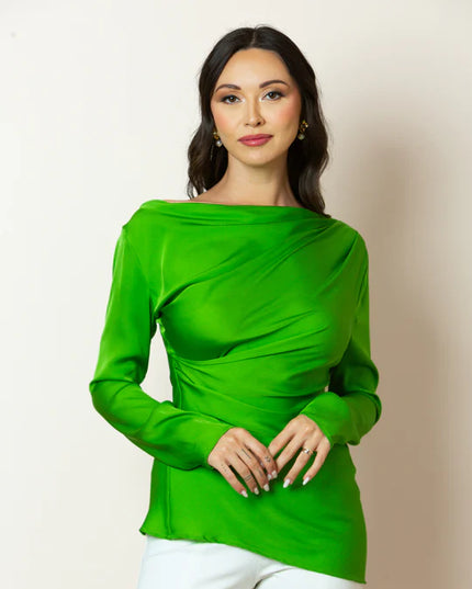 Athena Asymmetrical Shoulder Silk Top in Kiwi