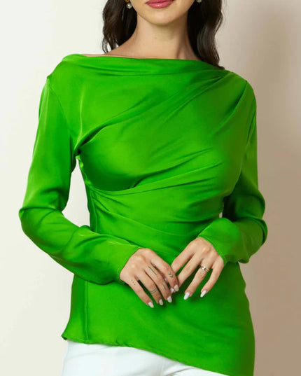 Athena Asymmetrical Shoulder Silk Top in Kiwi