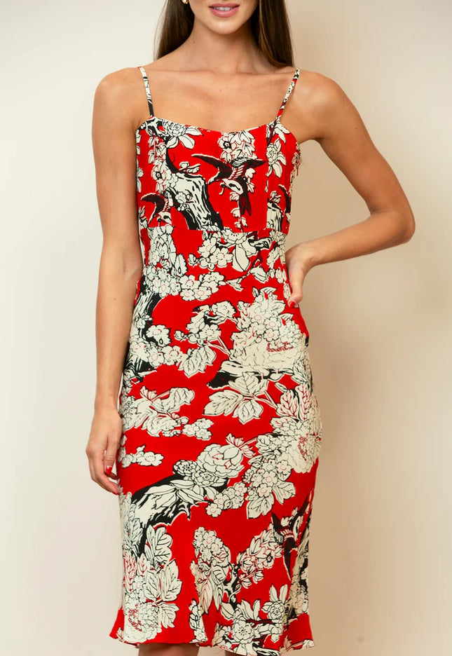 Floral Print Slip Dress In Red