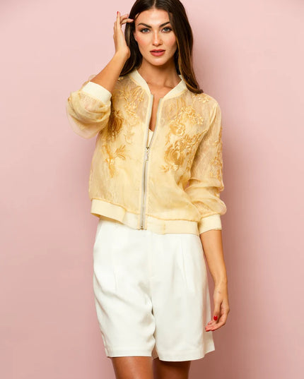 Iris Tulle Lace Combo Bomber Jacket In Champagne