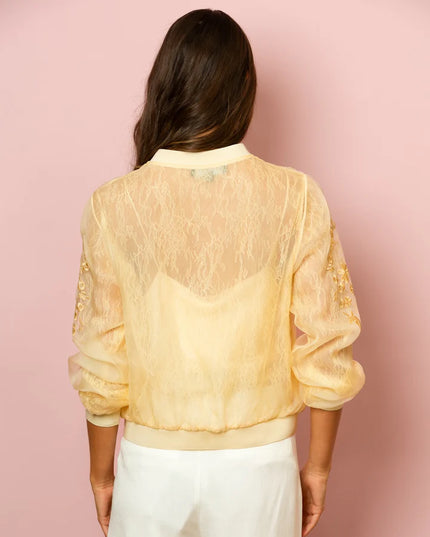 Iris Tulle Lace Combo Bomber Jacket In Champagne