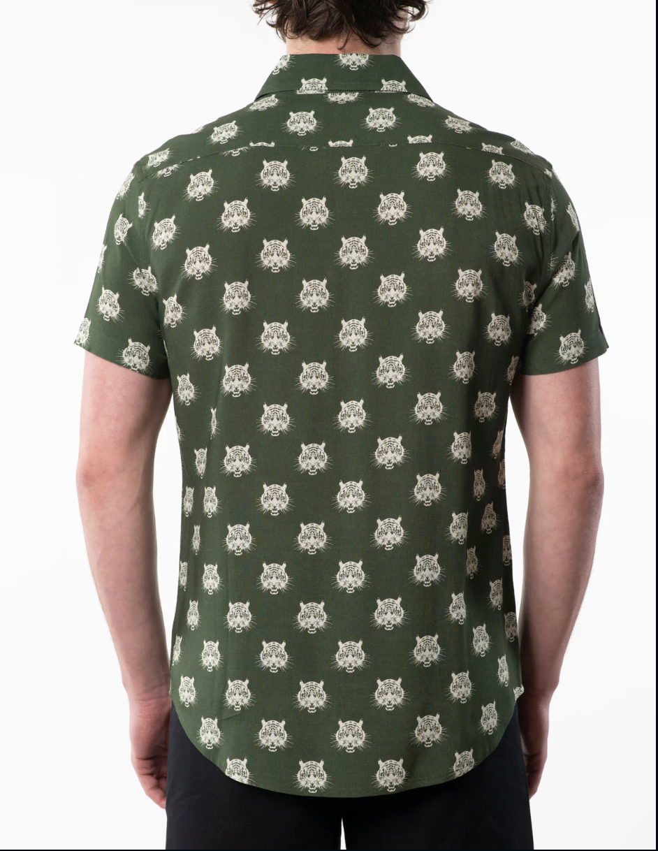This short sleeve shirt, featuring an all-around tiger head print on lightweight fabric for a fierce yet cozy fit. 100% Cotton. CRWTH clothing brand