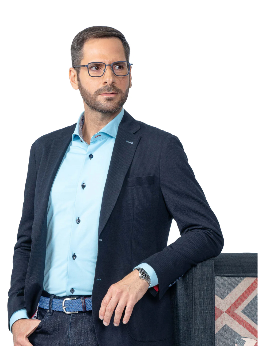 Meridian Navy Stretch Seersucker Blazer