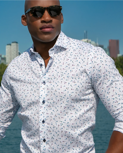 White w/ Small Flower Print LS Button Down