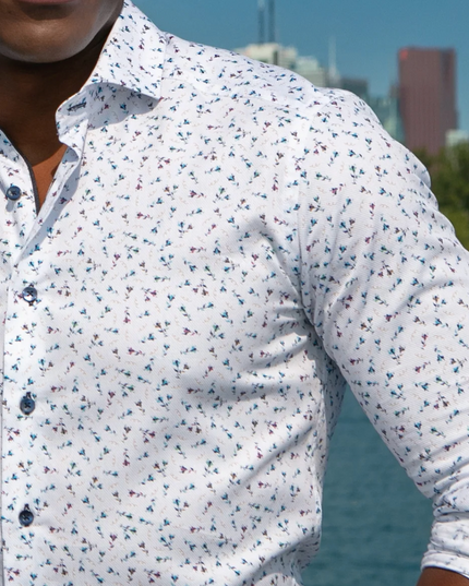 White w/ Small Flower Print LS Button Down