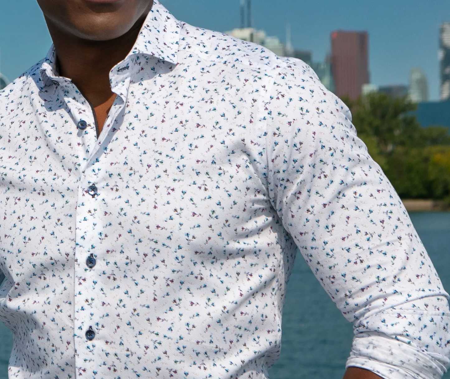 White w/ Small Flower Print LS Button Down