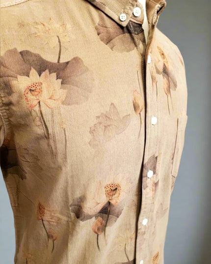 Tan w/ Large Flowers Corduroy LS Button Down