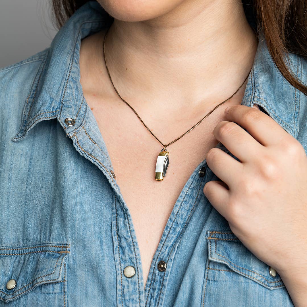 Tiny Pearl Handle Knife on Brass Chain Necklace: 20 Inch