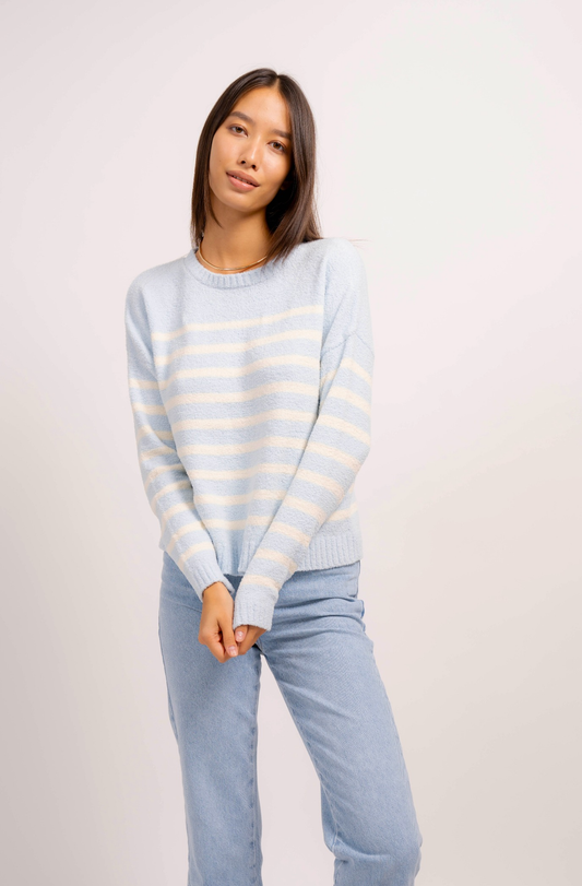 Central Park West. classic crewneck design and chic stripes. women's sweater. spring collection. Mackinac Island boutque