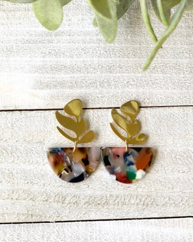 Mini Half Moon Acetate with Gold Plated Leaf Stud: Pearl