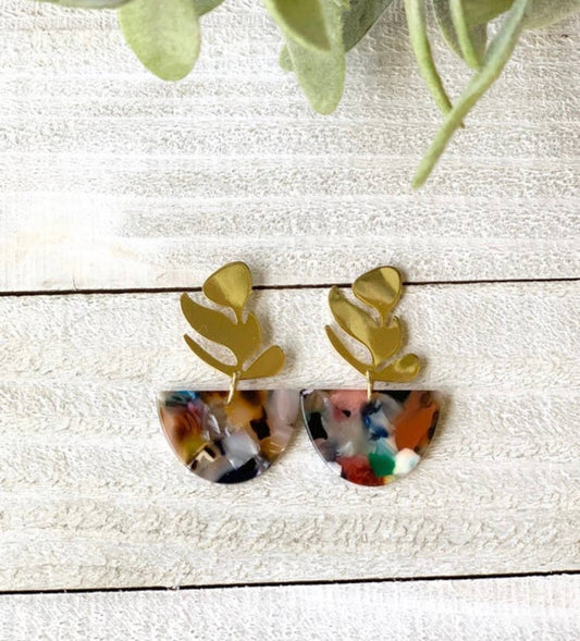 Mini Half Moon Acetate with Gold Plated Leaf Stud: Pearl