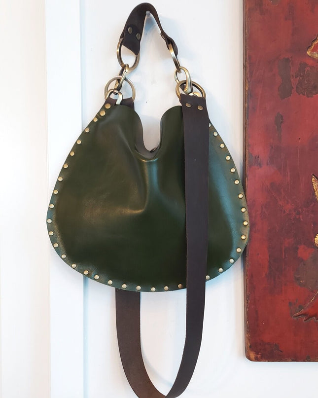 Rebellion Handbags, made in Chicago, IL. Basil green medium crossbody, napa leather, antique brass hardware, available at Rustic Chic Boutique, Mackinac Island Michigan