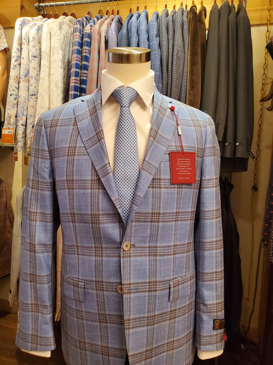Baby blue and tan plaid Italian sports jacket; Men's sport coat, blazer. Wool, silk, linen blend. Lightweight summer jacket. Mackinac Island boutique