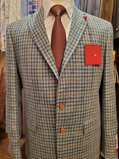 Quaregna Italian wool, silk blend sports jacket, green and blue check, exclusive, cut to order, Mackinac Island boutique