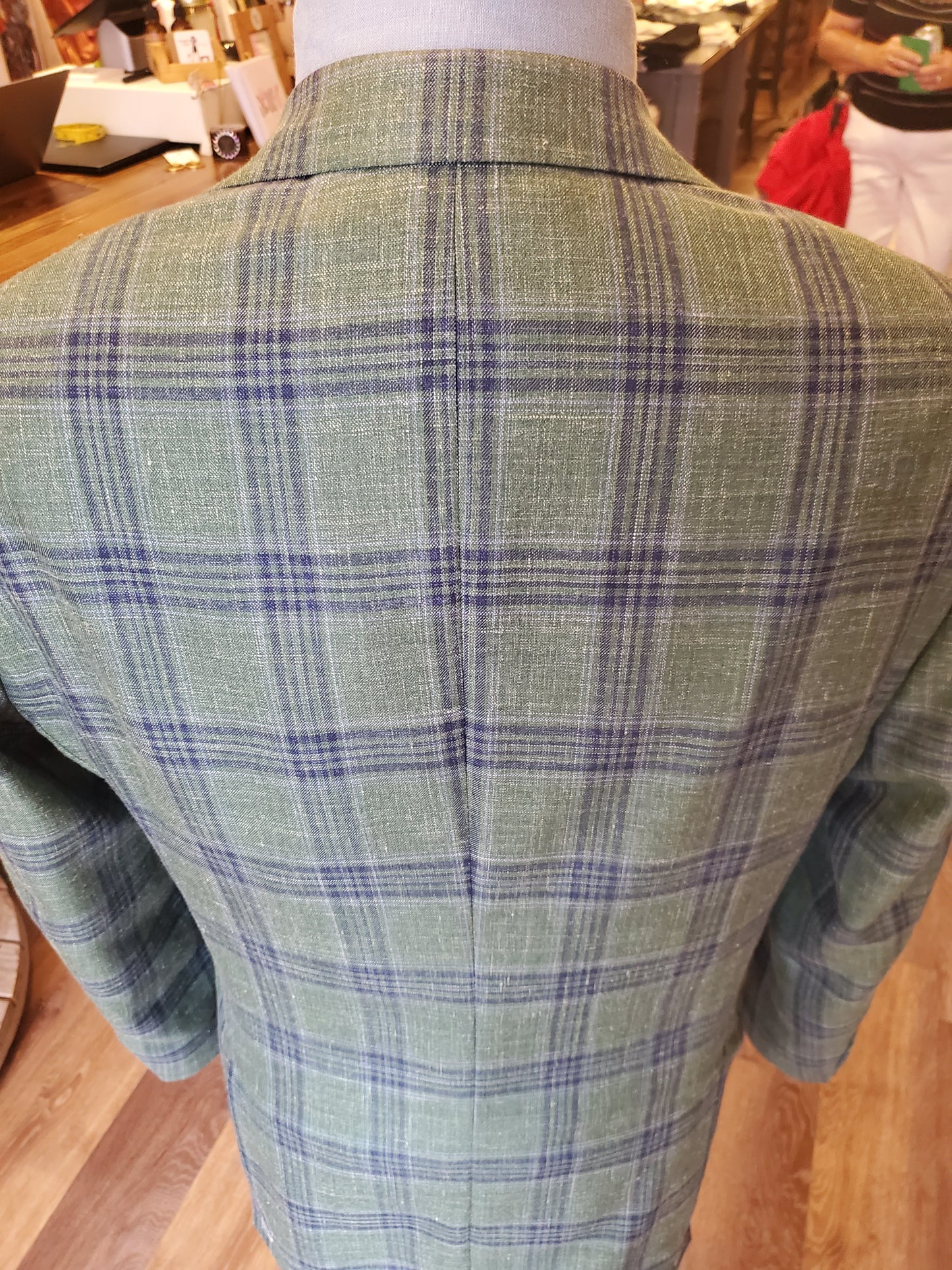 Delfino Italian wool, linen blend sports jacket, green plaid, light weight, summer jacket, cut to order, Mackinac Island boutique