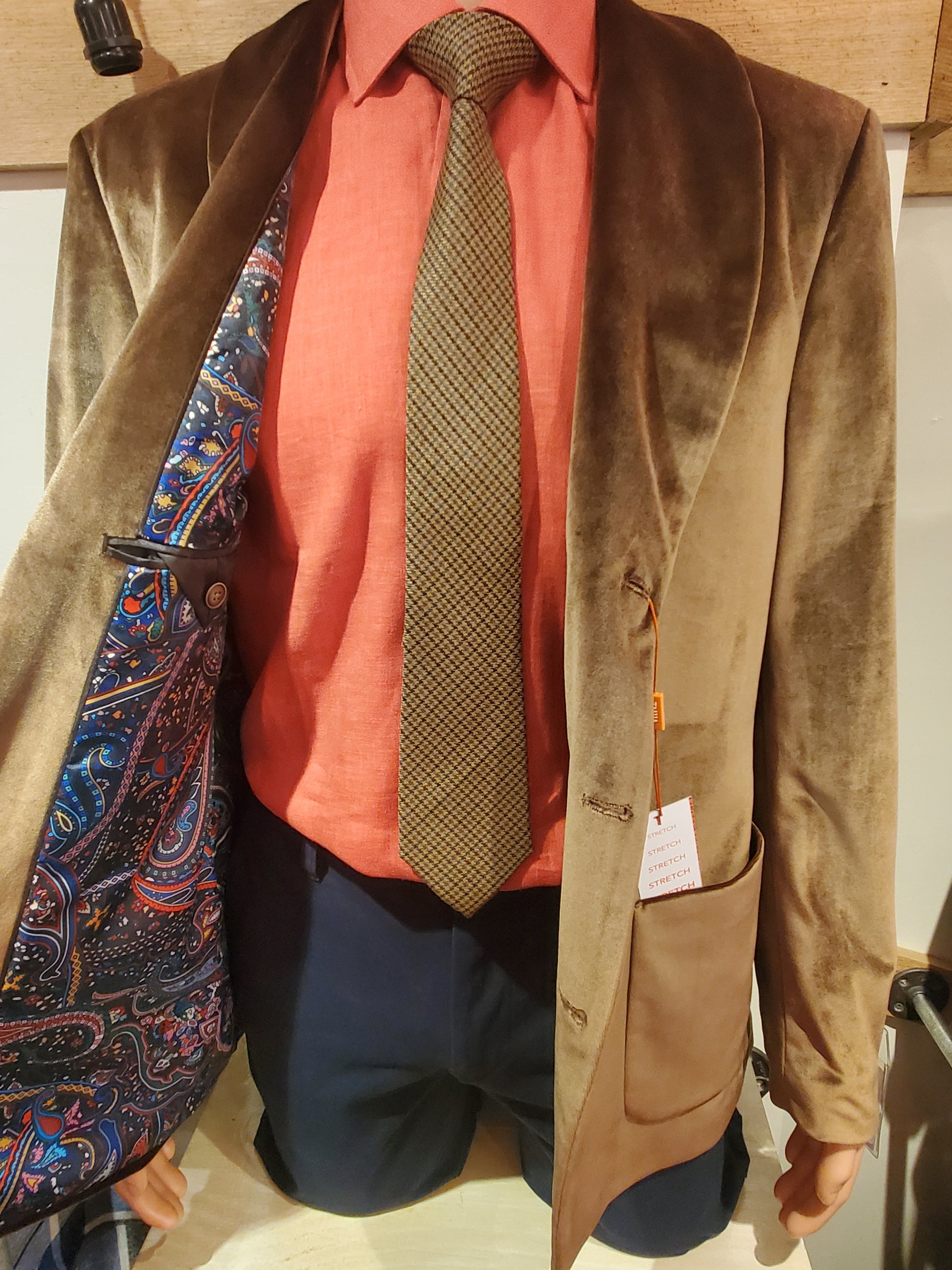 Brown velvet smoking jacket; evening jacket; sports jacket. Paisley lining. Mackinac Island boutique