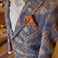 Fancy jacquard embroidered blue and bronze specialty sports jacket, cut to order. Mackinac Island boutique
