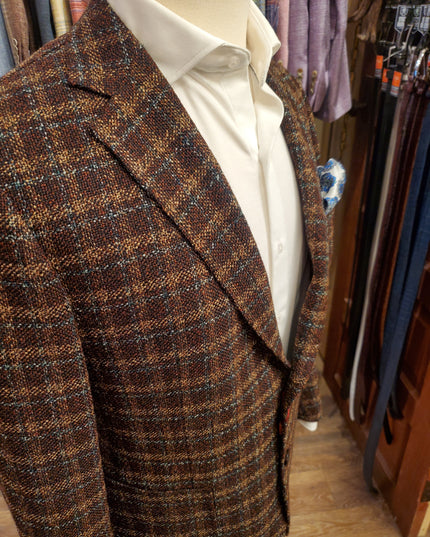 Byron Textured Plaid Premium Wool/Silk Blend Sport Coat - Brown/Teal