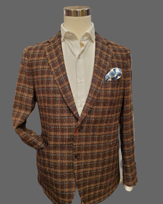 Byron Textured Plaid Premium Wool/Silk Blend Sport Coat - Brown/Teal