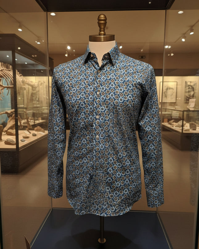 Italian-Made Aqua/Turquoise/Bronze Floral Color Pops L/S Button Down