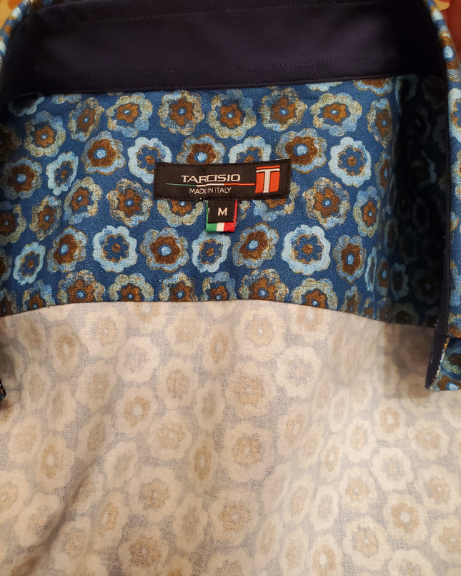Italian-Made Aqua/Turquoise/Bronze Floral Color Pops L/S Button Down