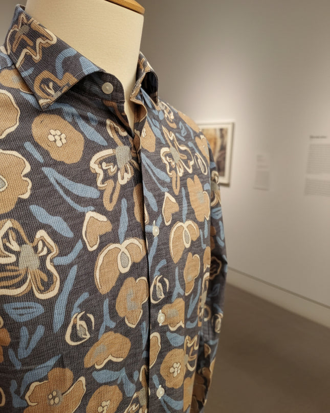 Italian-Made Blue w/ White Petals Italian Button Down L/S