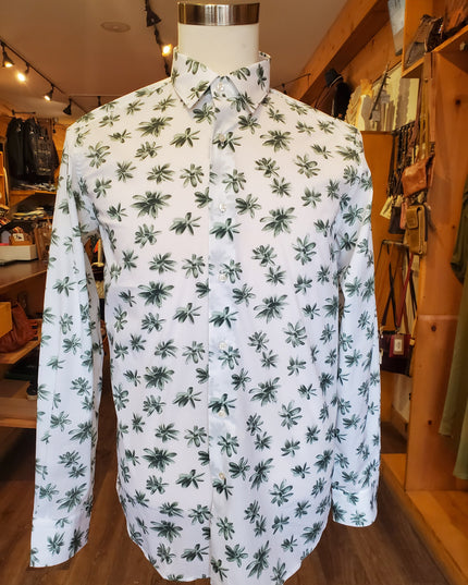 White w/ Evergreen Flower Petals Italian Button Down L/S