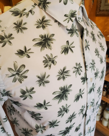 White w/ Evergreen Flower Petals Italian Button Down L/S