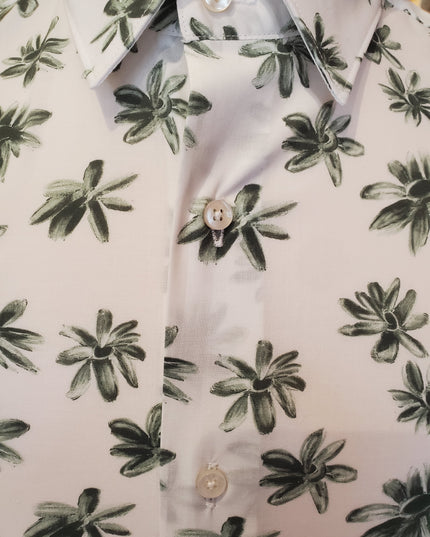 White w/ Evergreen Flower Petals Italian Button Down L/S