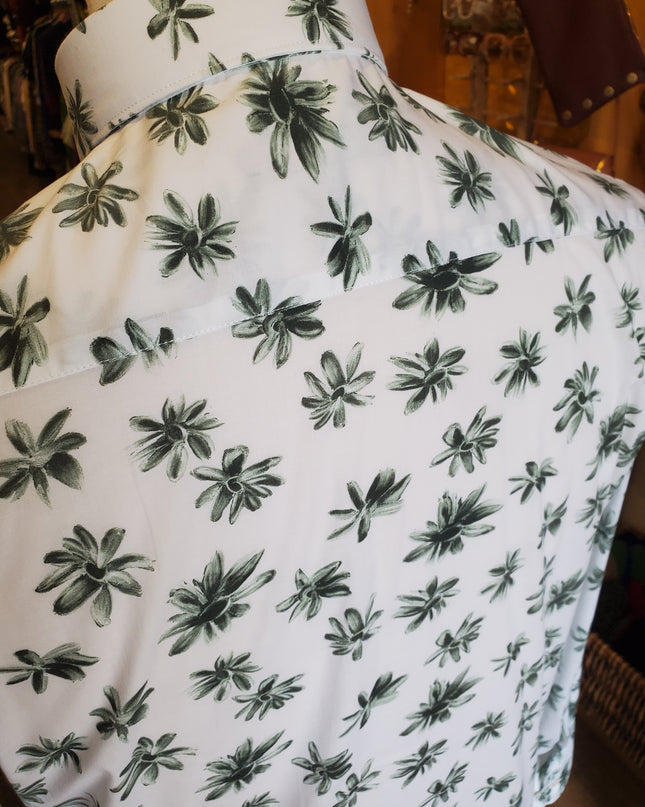 White w/ Evergreen Flower Petals Italian Button Down L/S