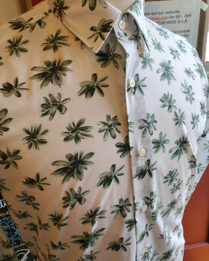White w/ Evergreen Flower Petals Italian Button Down L/S