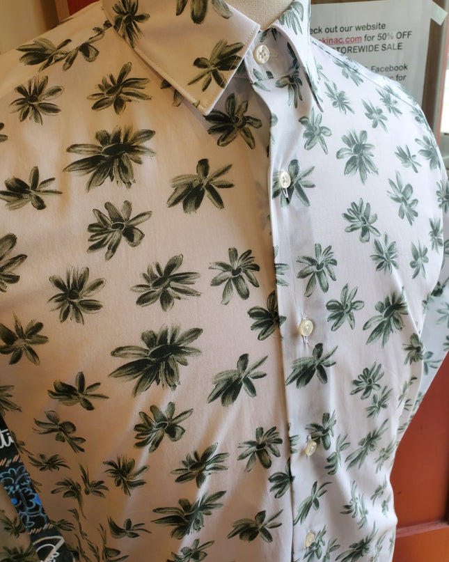 White w/ Evergreen Flower Petals Italian Button Down L/S
