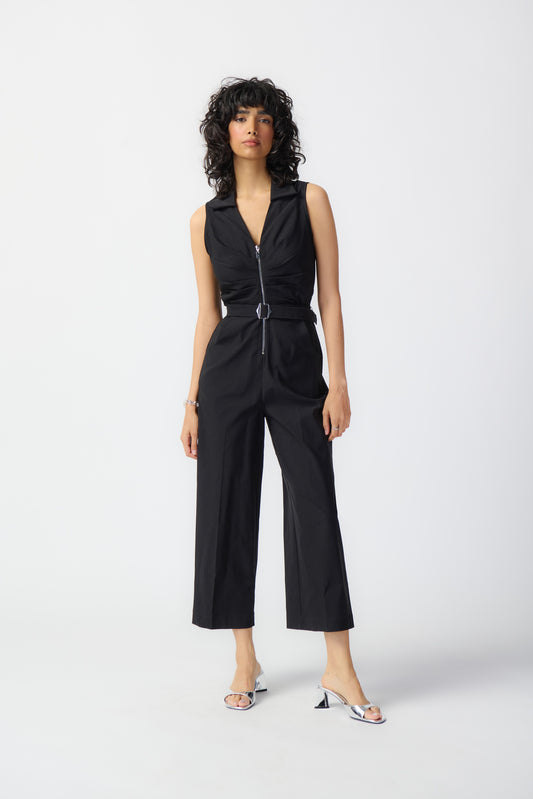 Joseph Ribkoff, sleeveless millennium jumpsuit. Designed with sleek creased culotte pants and features a finely tailored shirt collar and pleated V-neck bodice 