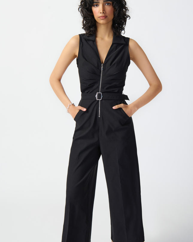 Joseph Ribkoff, sleeveless millennium jumpsuit. Designed with sleek creased culotte pants and features a finely tailored shirt collar and pleated V-neck bodice 