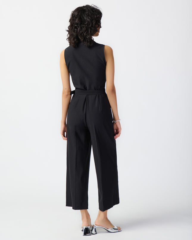 Joseph Ribkoff, sleeveless millennium jumpsuit. Designed with sleek creased culotte pants and features a finely tailored shirt collar and pleated V-neck bodice. Mackinac Island, women's boutique