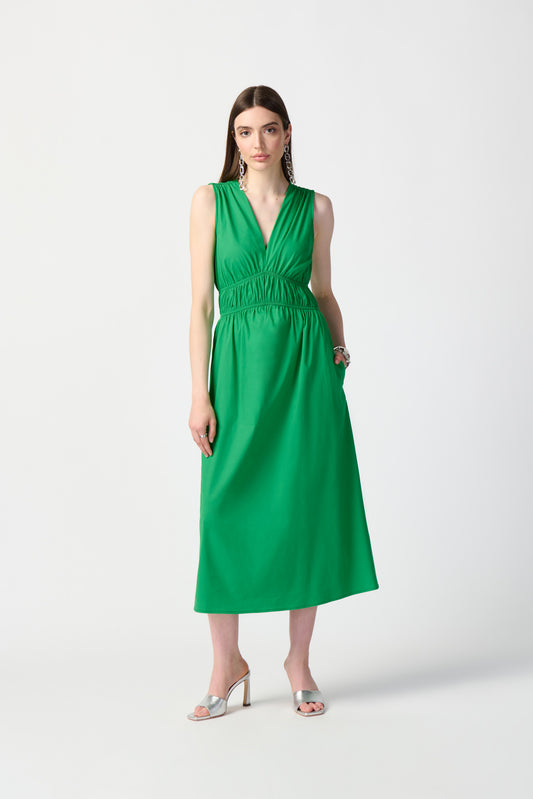Joseph Ribkoff sleeveless fit and flare dress. V-shaped neckline, shirring at the waistline. Women's boutique, srping collection, spring dress. Mackinac Island boutique