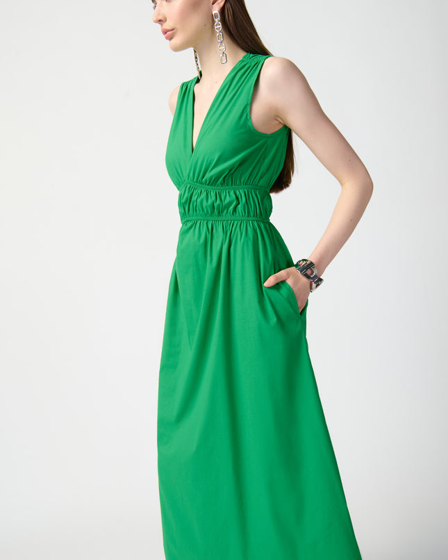 Joseph Ribkoff sleeveless fit and flare dress. V-shaped neckline, shirring at the waistline. Women's boutique, srping collection, spring dress. Mackinac Island boutique