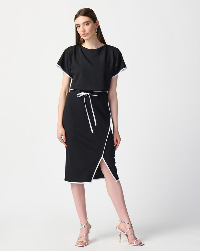 Joseph Ribkoff,  scuba crepe fabric, this sheath dress features a sleek boat neckline and short dolman sleeves, double sash, women's boutique, Mackinac Island