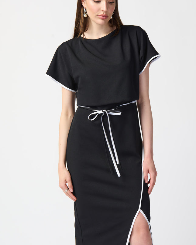 Joseph Ribkoff,  scuba crepe fabric, this sheath dress features a sleek boat neckline and short dolman sleeves, double sash, women's boutique, Mackinac Island