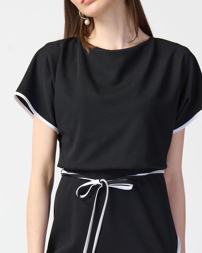Joseph Ribkoff,  scuba crepe fabric, this sheath dress features a sleek boat neckline and short dolman sleeves, double sash, women's boutique, Mackinac Island