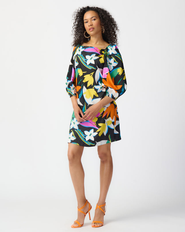 Joseph Ribkoff long-sleeved satin dress, colorful floral print. Square neckline, puff sleeves. Women's spring dress. Spring collection. Women's boutique. Mackinac Island