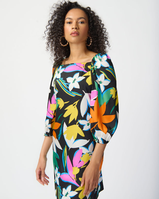 Joseph Ribkoff long-sleeved satin dress, colorful floral print. Square neckline, puff sleeves. Women's spring dress. Spring collection. Women's boutique. Mackinac Island