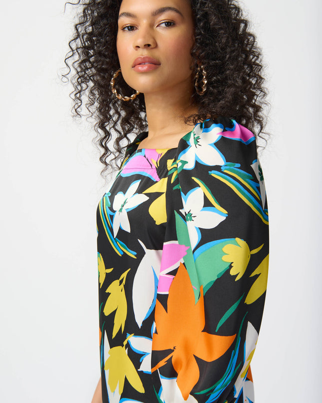 Joseph Ribkoff long-sleeved satin dress, colorful floral print. Square neckline, puff sleeves. Women's spring dress. Spring collection. Women's boutique. Mackinac Island