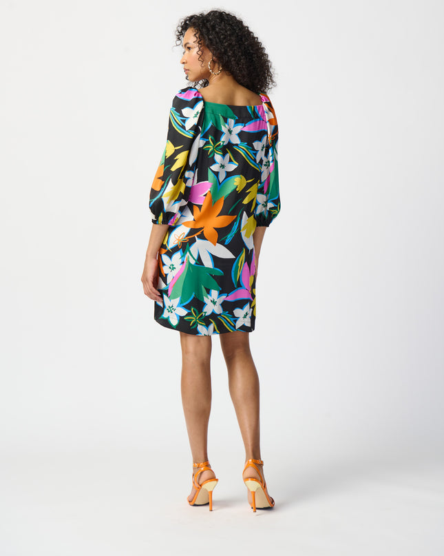 Joseph Ribkoff long-sleeved satin dress, colorful floral print. Square neckline, puff sleeves. Women's spring dress. Spring collection. Women's boutique. Mackinac Island